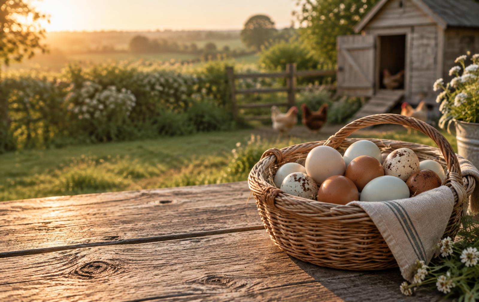 Basket of purebred hatching eggs on a farm table at sunrise